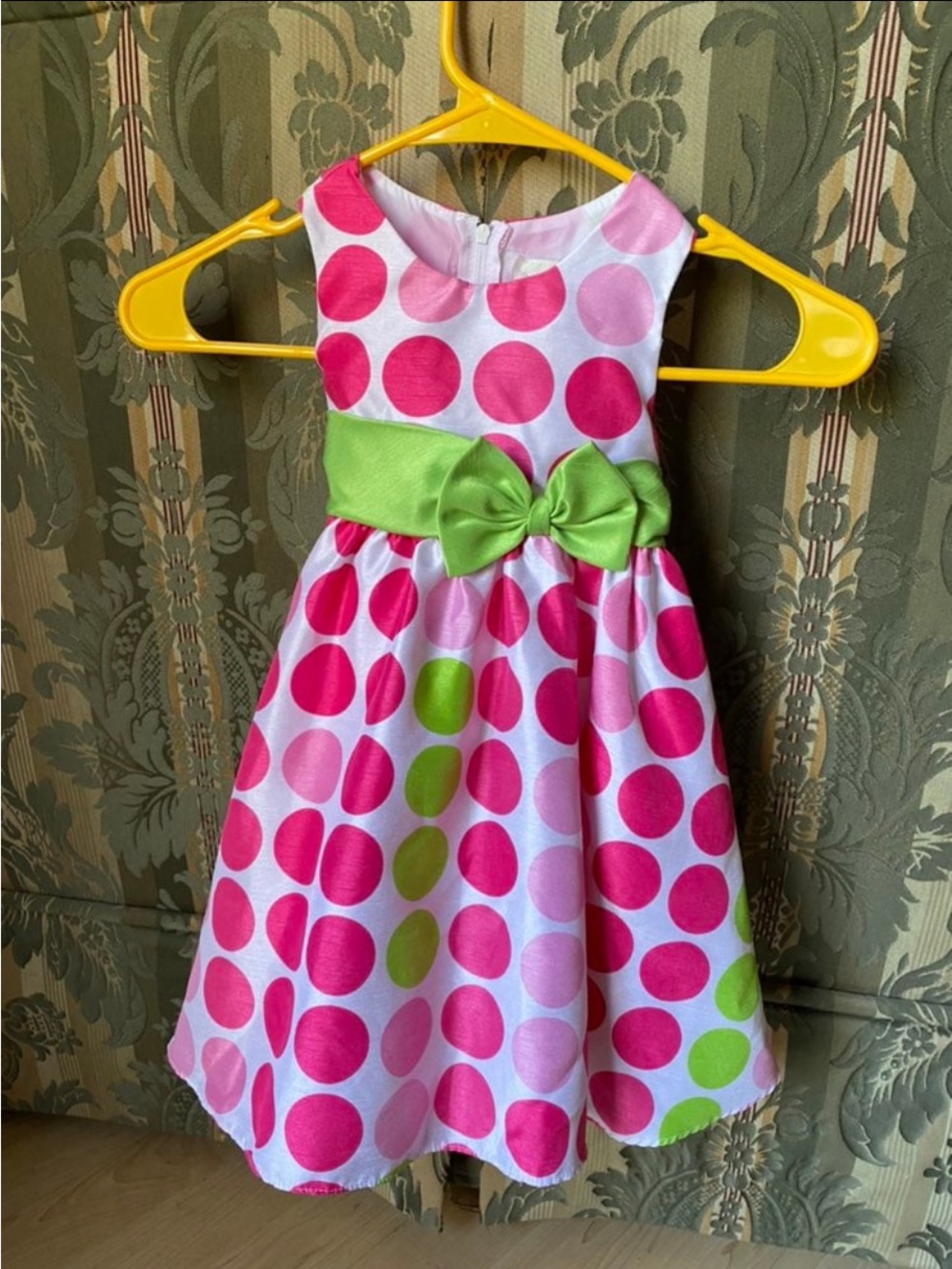 Rare Editions Pink Polka Dot Dress with Lime Waist Bow